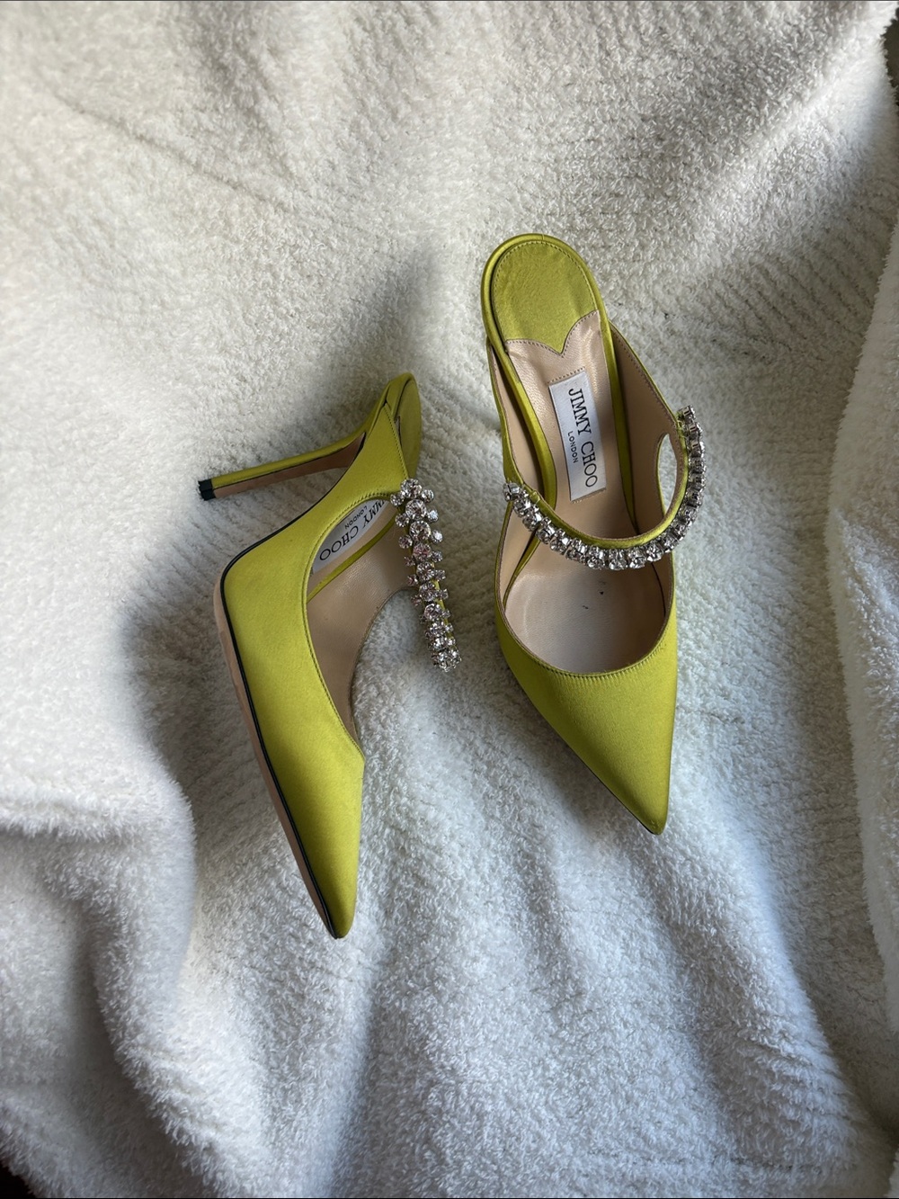 Jimmy Choo Chartreuse Crystal-Strap Pointed Toe Stilettos 37 1/2 - Picture 1 of 9